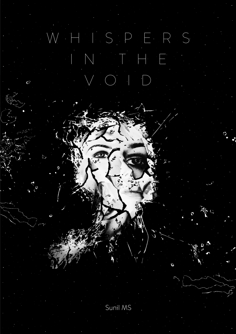 Cover image of the book 'Whispers in the Void' featuring an abstract face partially obscured by cracks and a dark background.